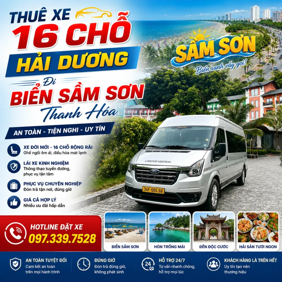 Thuê xe 16 chỗ Hải Dương đi biển Sầm Sơn tỉnh Thanh Hóa