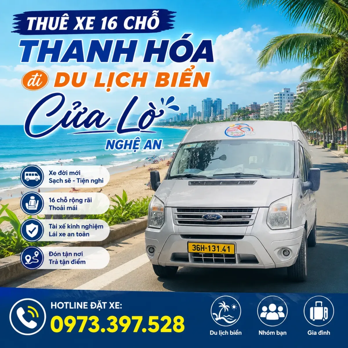 Thuê xe 16 chỗ Thanh Hóa đi du lịch biển Cửa Lò Nghệ An