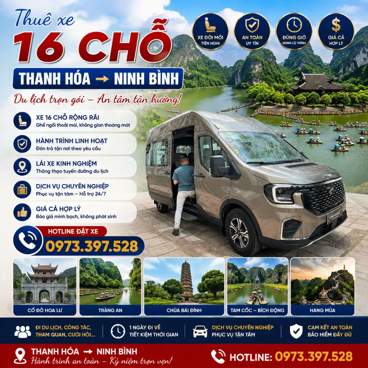 Thuê xe 16 chỗ Thanh Hóa đi du lịch tại Ninh Bình