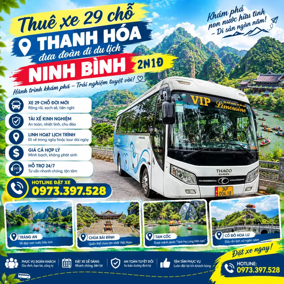 Thuê xe 29 chỗ Thanh Hóa đưa đoàn đi du lịch Ninh Bình 2N1Đ