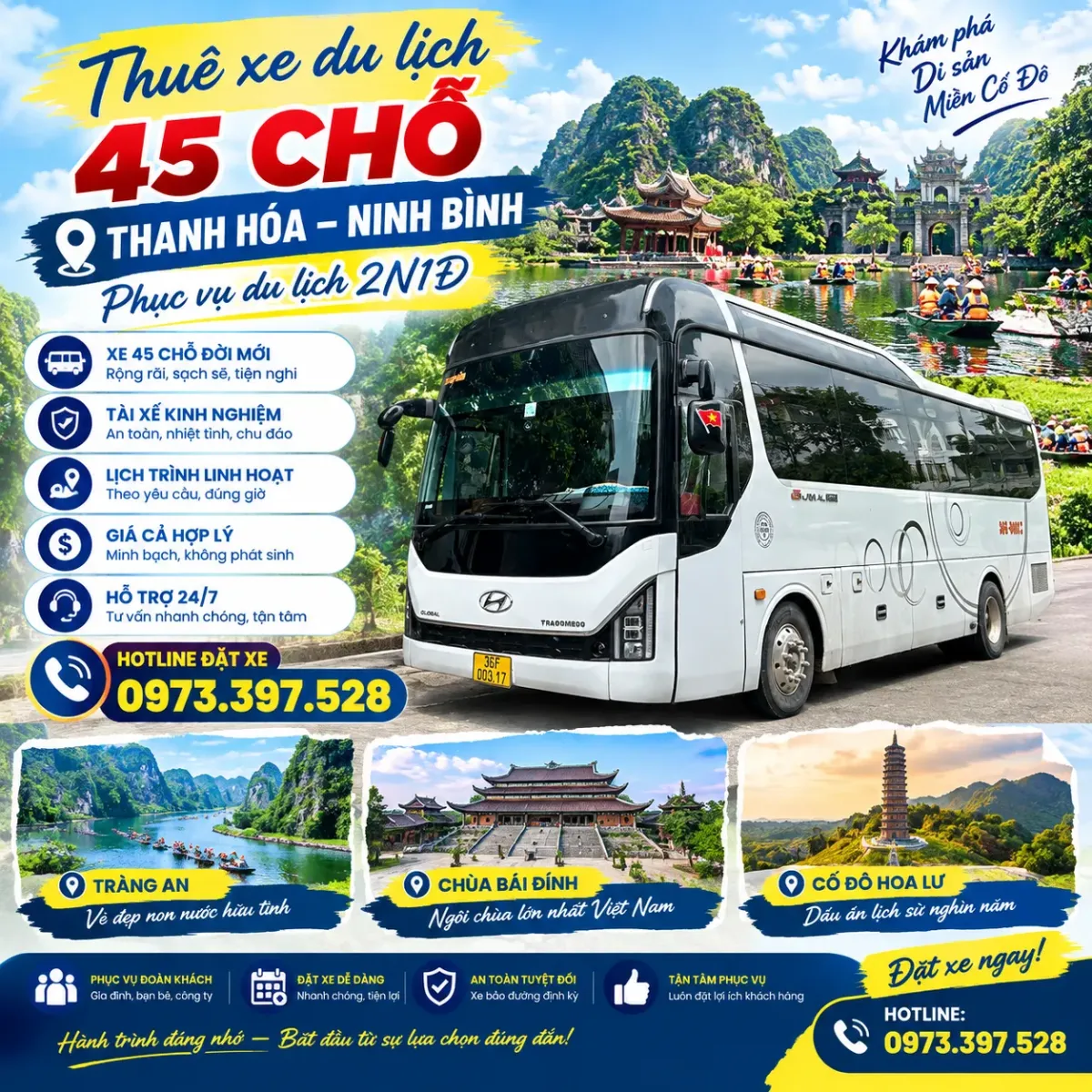 Thuê xe 45 chỗ Thanh Hóa đi Ninh Bình phục vụ du lịch 2N1Đ