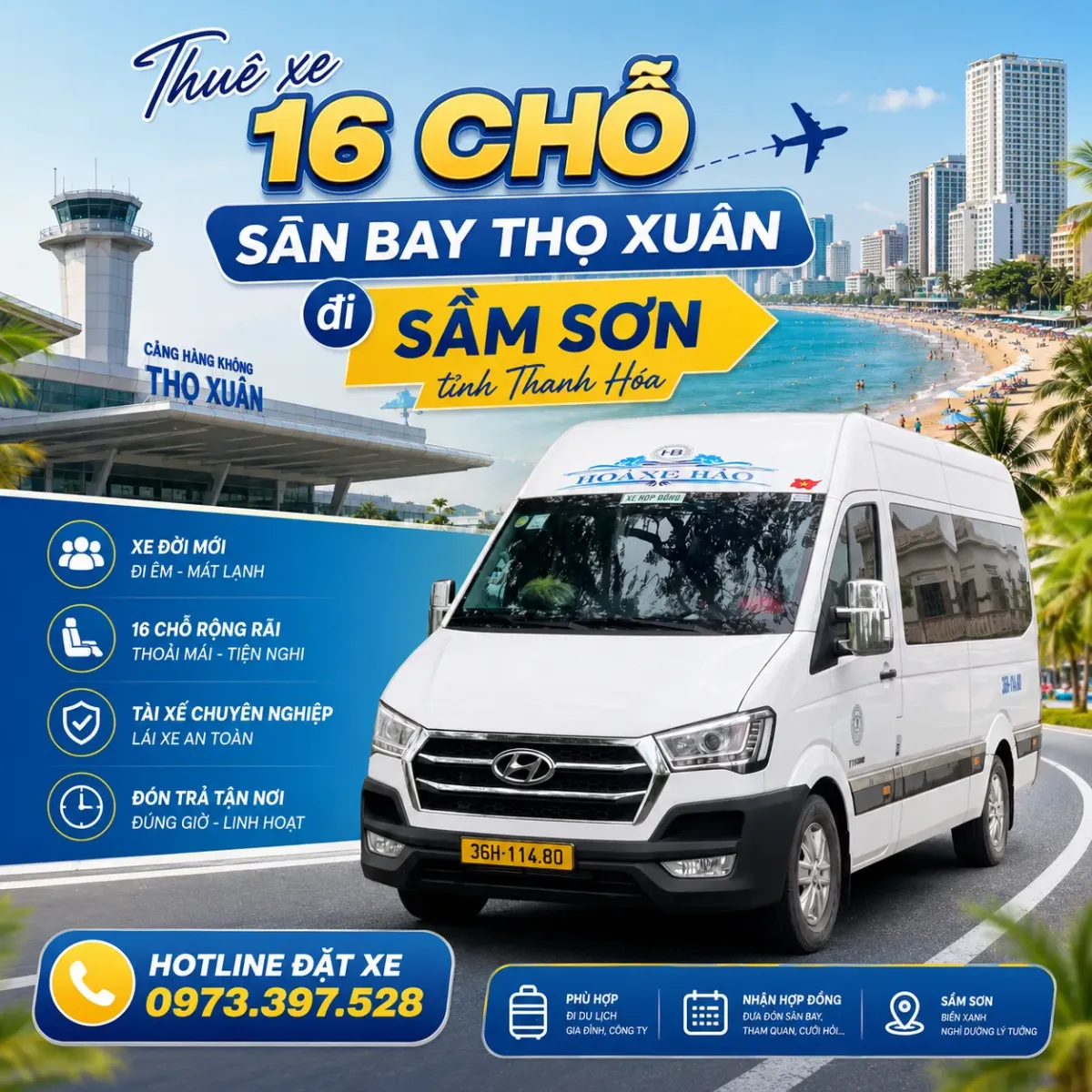 Thuê xe 16 chỗ sân bay Thọ Xuân đi Sầm Sơn tỉnh Thanh Hóa