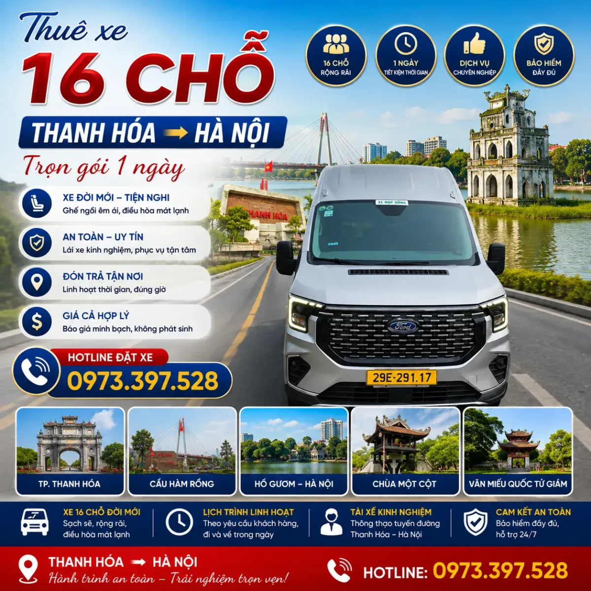Thuê xe 16 chỗ Thanh Hóa đi Hà Nội trọn gói 1 ngày